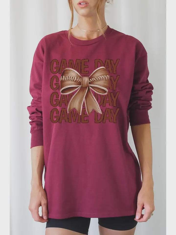 Game Day Football Bow Long Sleeve Tee