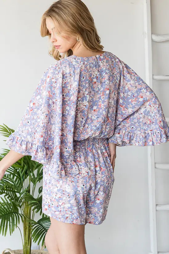 Watercolor Wrap Romper with Bell Sleeves