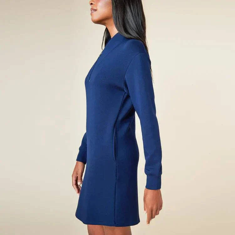 Dream Tech 35" 1/4 Zip Tunic Lounger, side view, long sleeves, blue color, side pockets.