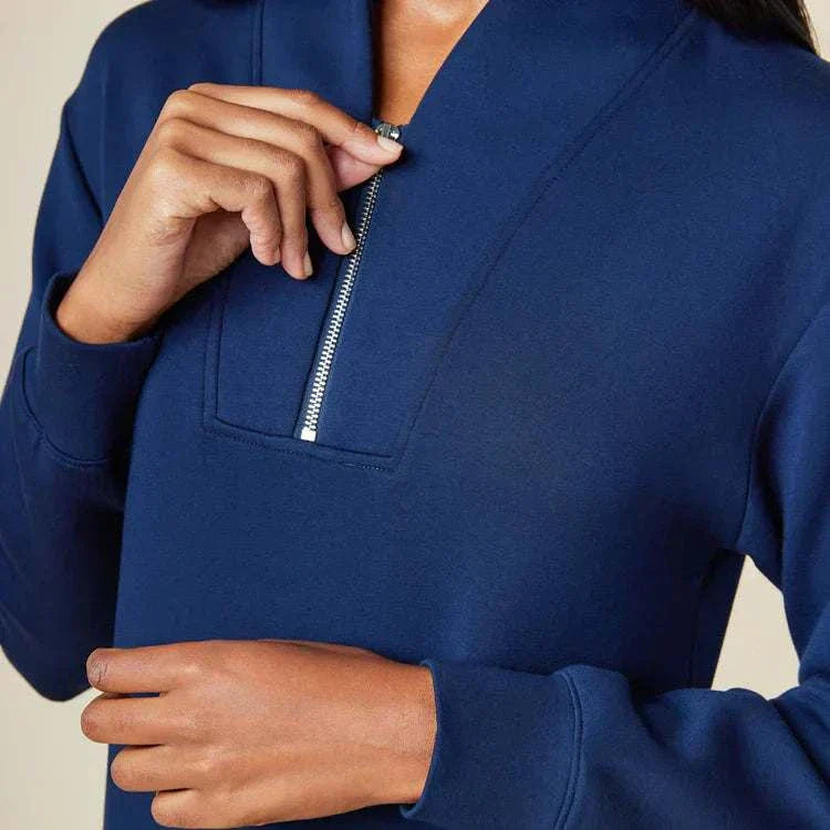 Dream Tech 35" 1/4 Zip Tunic Lounger in soft navy fabric with modern zipper detail.