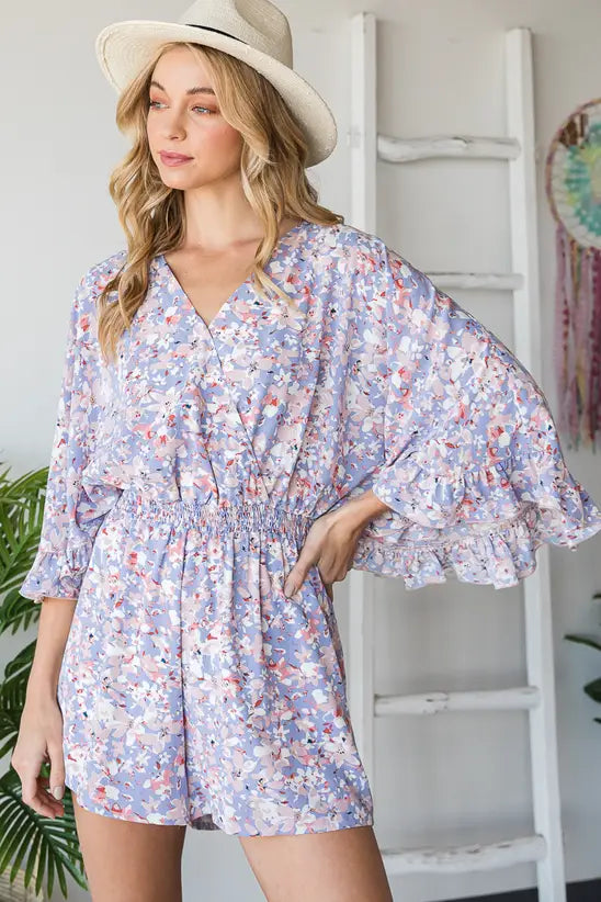 Watercolor Wrap Romper with Bell Sleeves