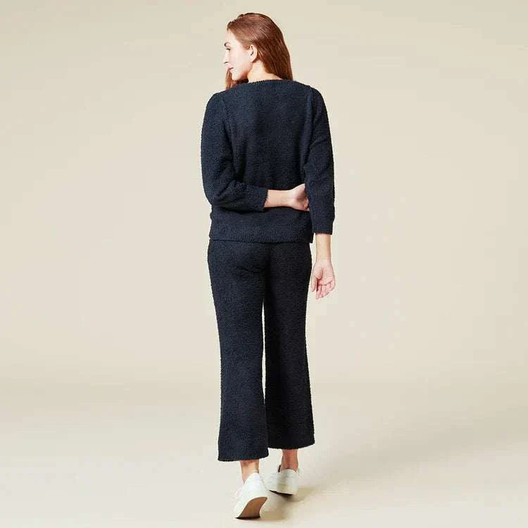 Solid Marshmallow Reverse Seam Crew Neck Lounge Set, cozy two-piece with bracelet sleeves, soft fabric, reverse shoulder seam, matching pants.