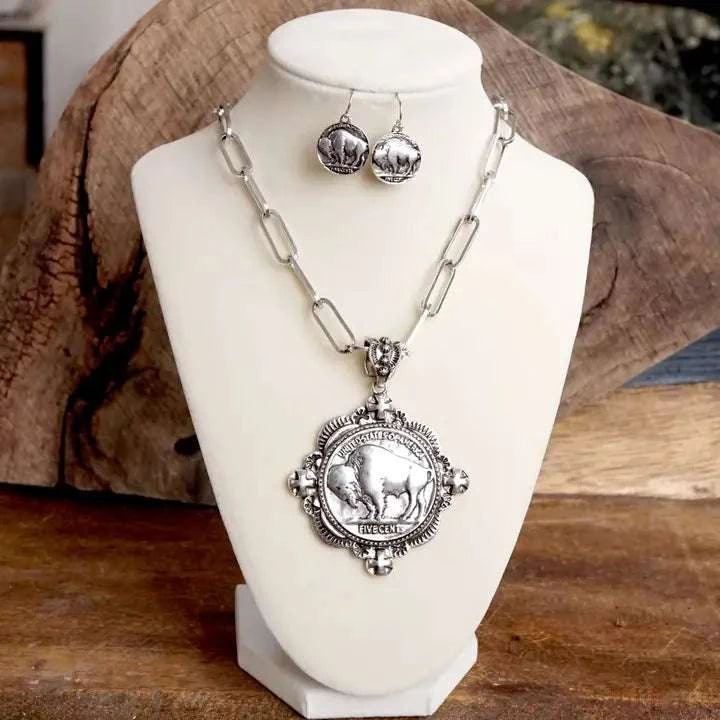 Western Buffalo Coin Statement Necklace Set