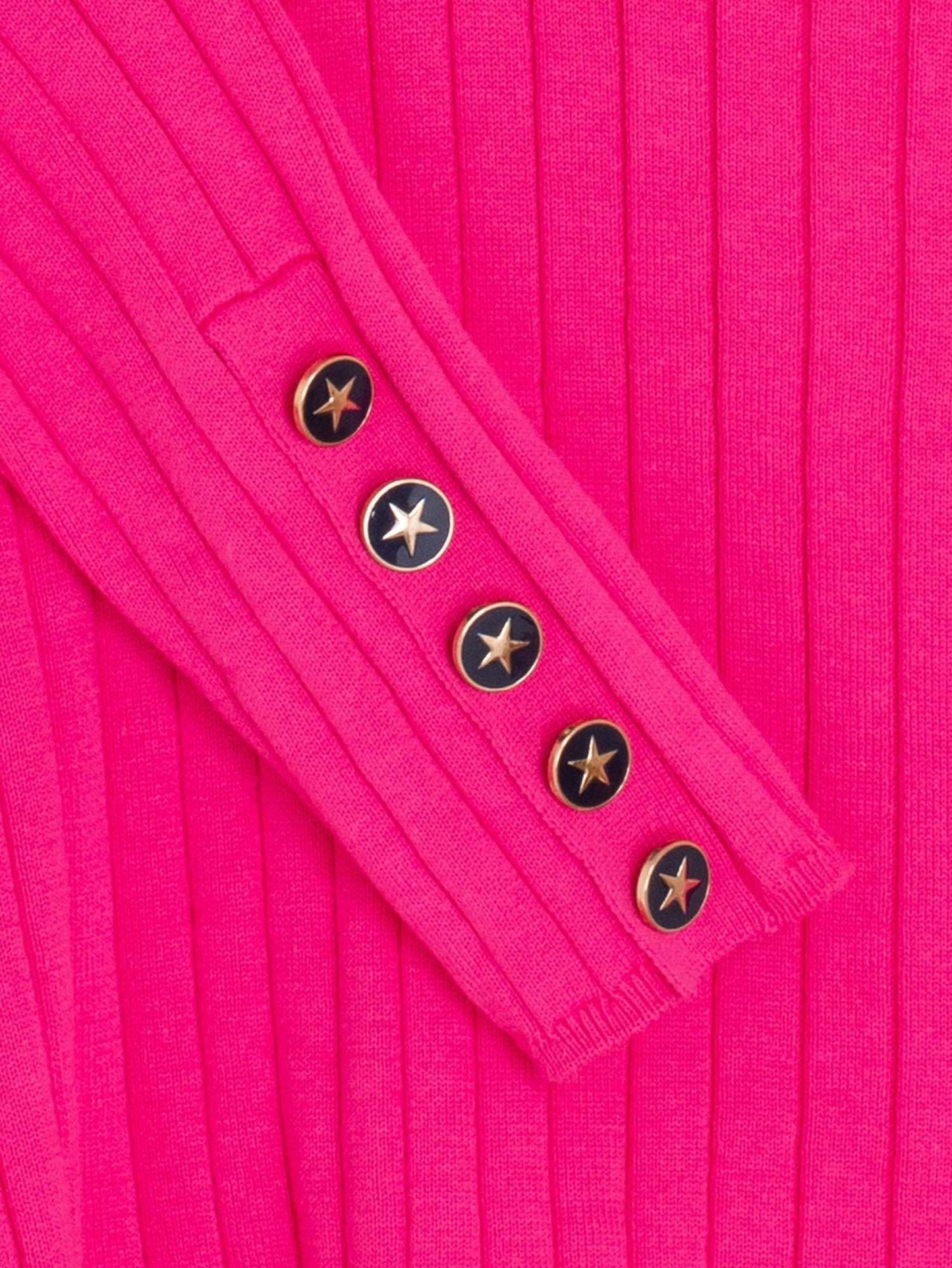 Pink ribbed V-neck knit sweater with star buttons on sleeve.