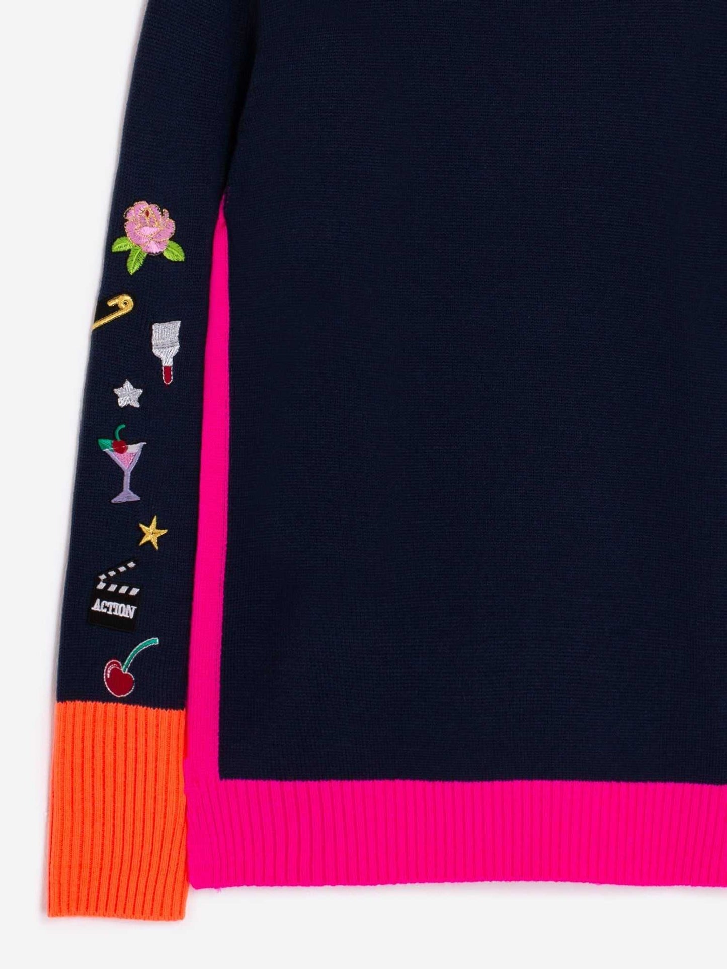 Navy blue Perkins Turtleneck Embroidered Sweater with colorful sleeve embroidery and vibrant trim.