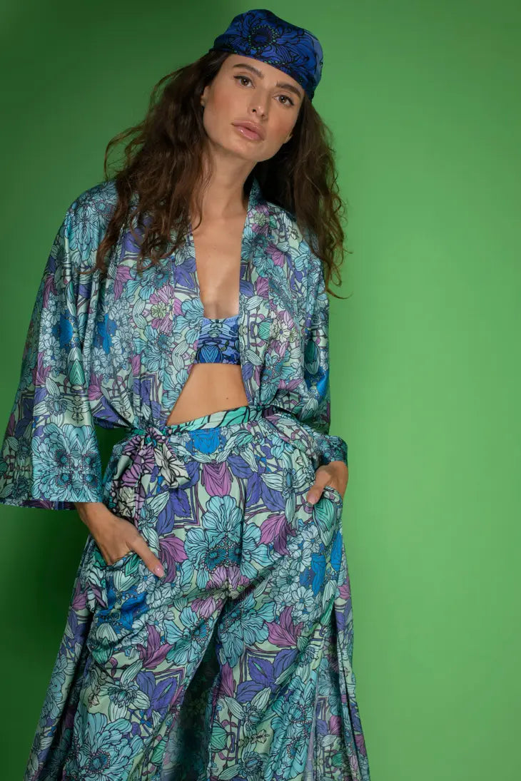 Blue Floral Satin Kimono