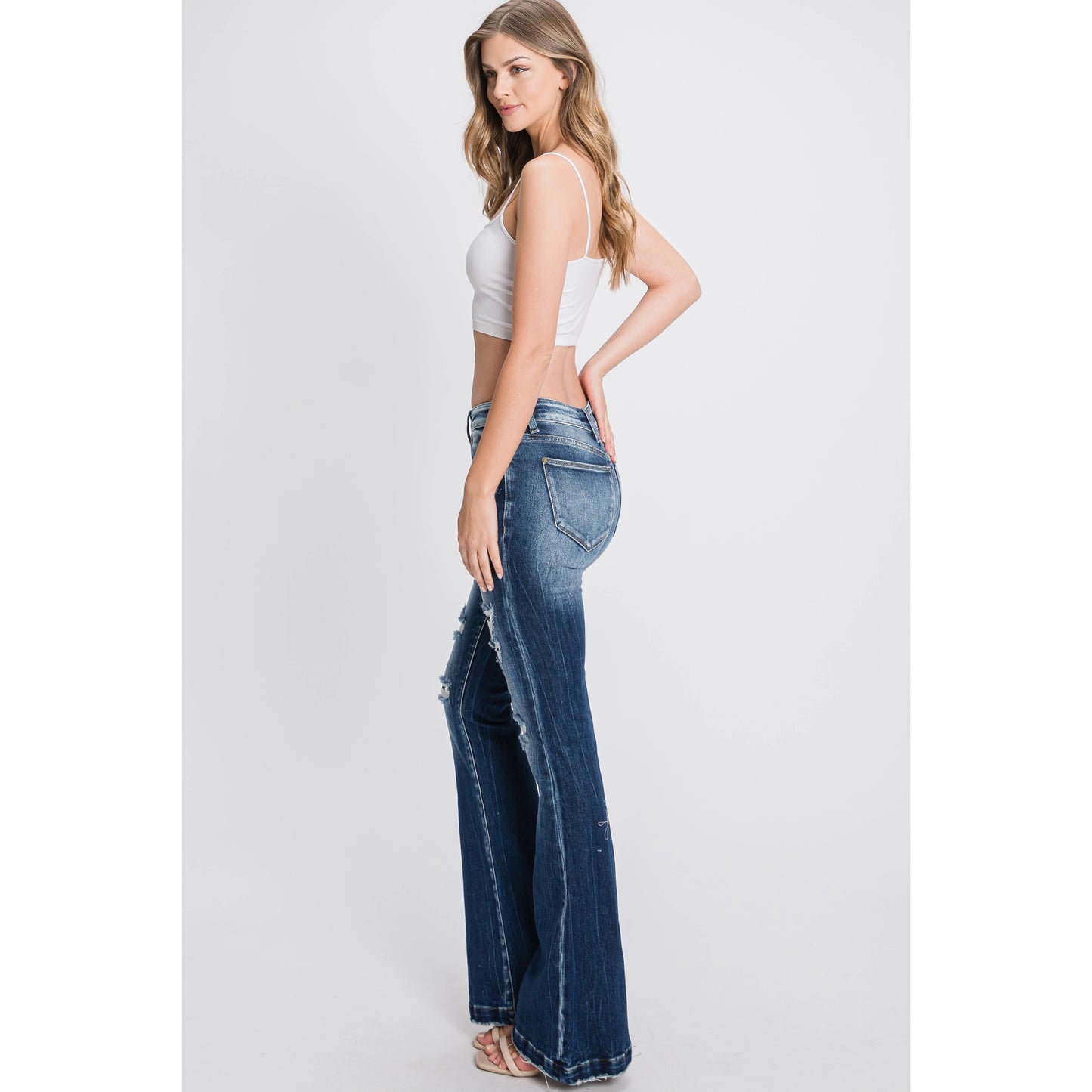 Gina Mid Rise Distressed Patch Flare Jean