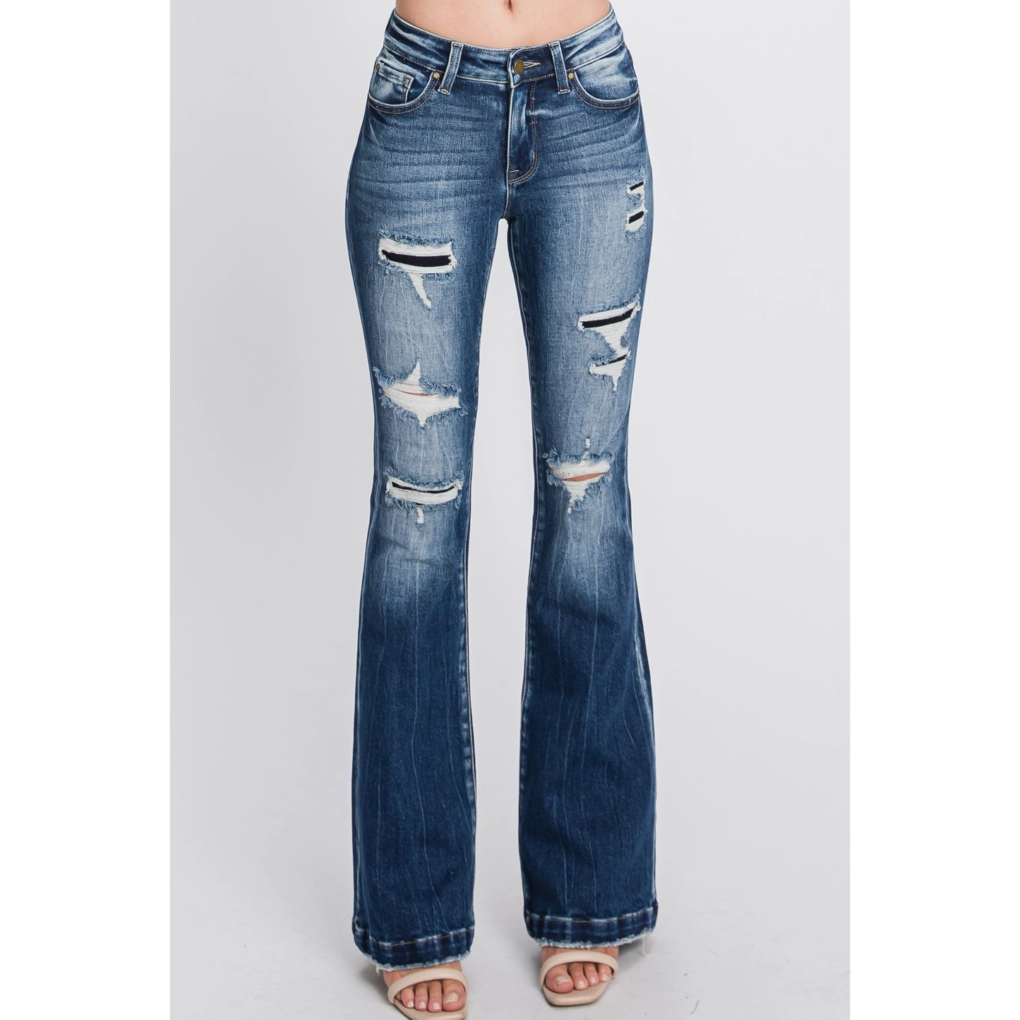 Gina Mid Rise Distressed Patch Flare Jean