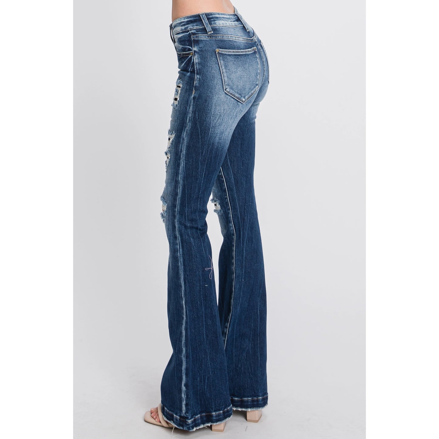 Gina Mid Rise Distressed Patch Flare Jean