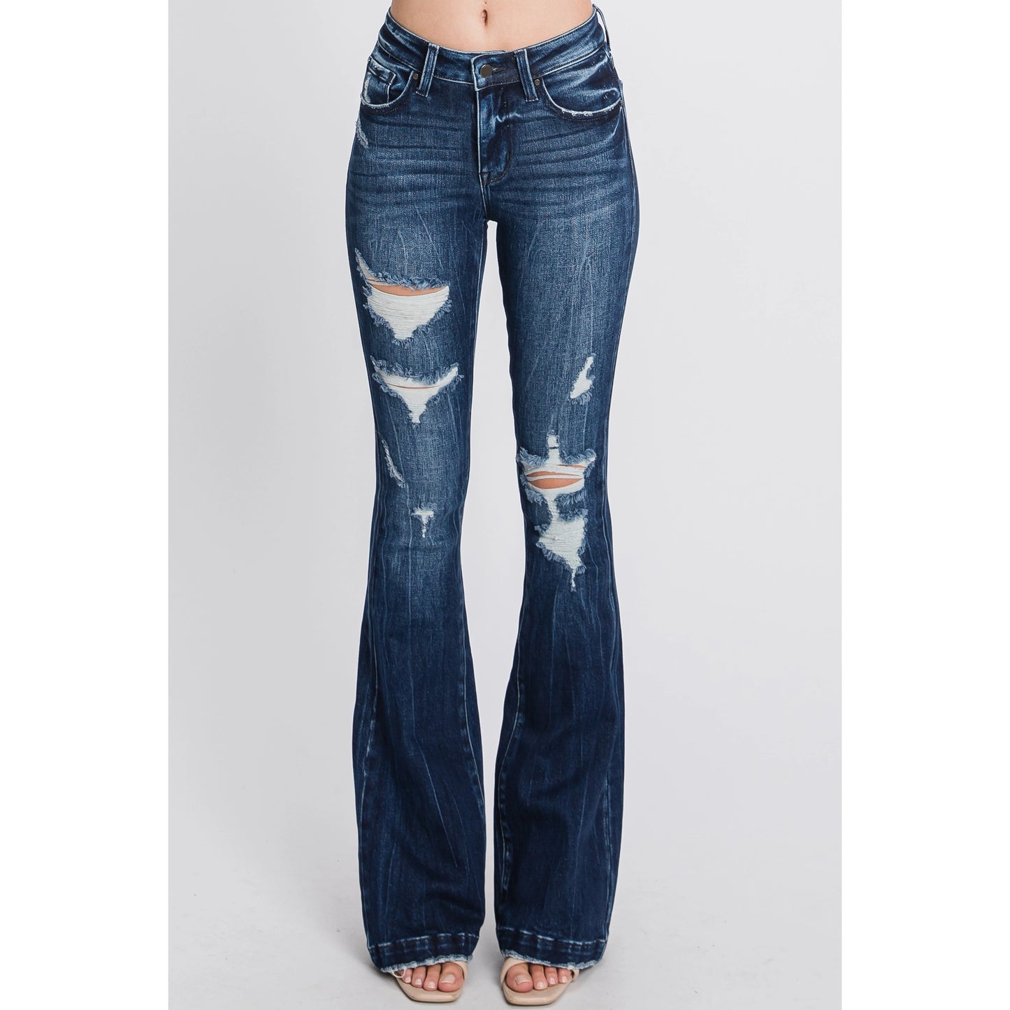 Tara Mid Rise Distressed Flare Slimming Jean