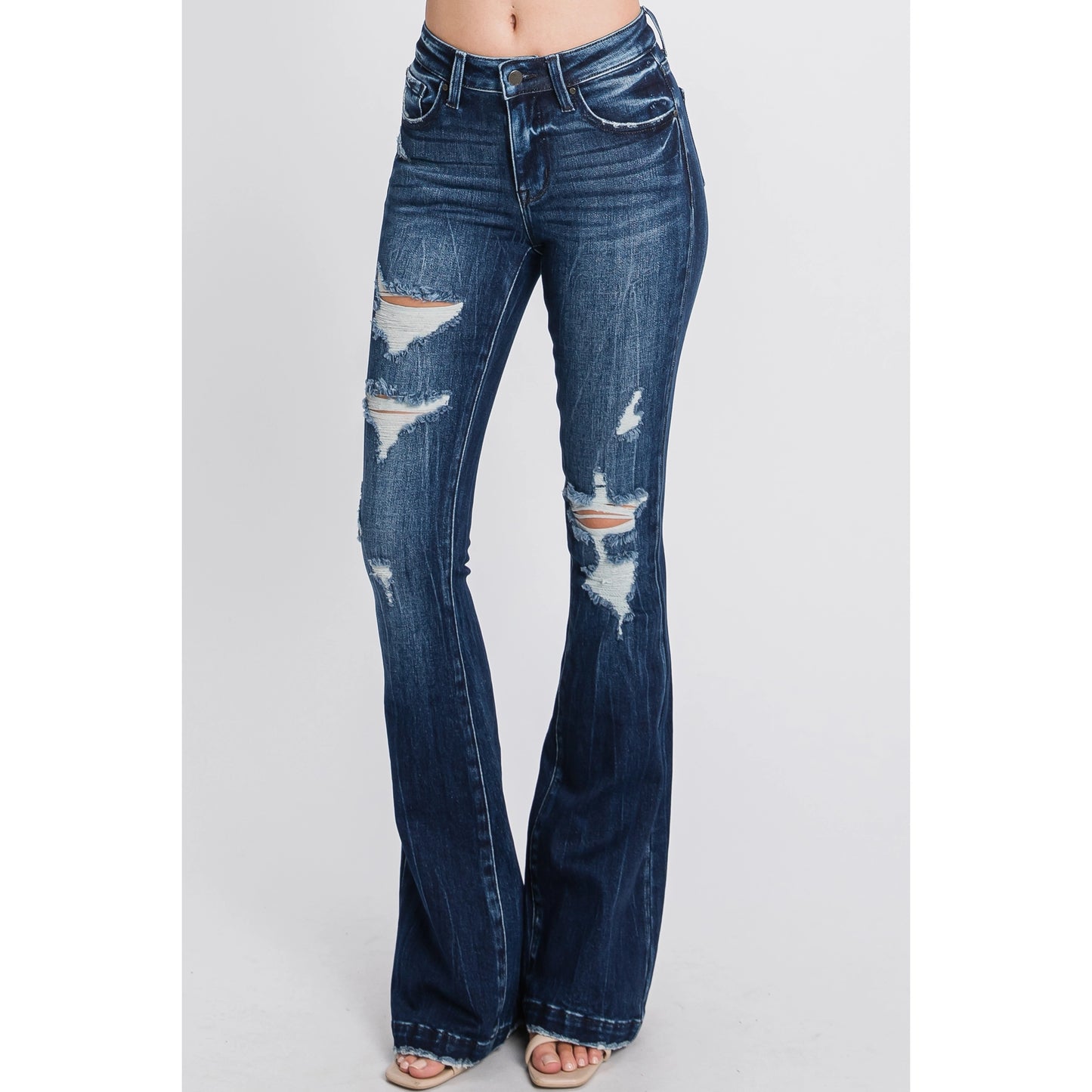 Tara Mid Rise Distressed Flare Slimming Jean