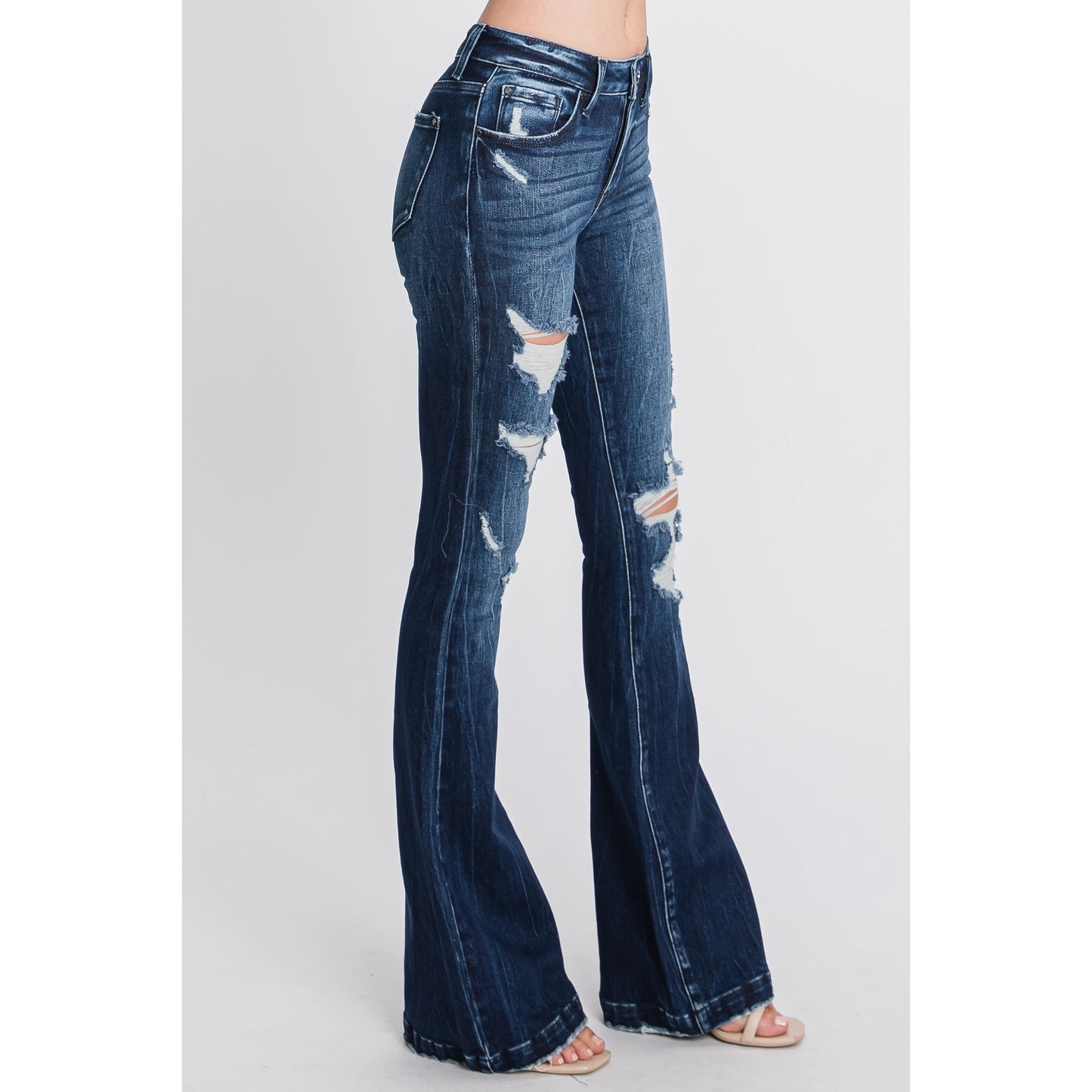 Tara Mid Rise Distressed Flare Slimming Jean