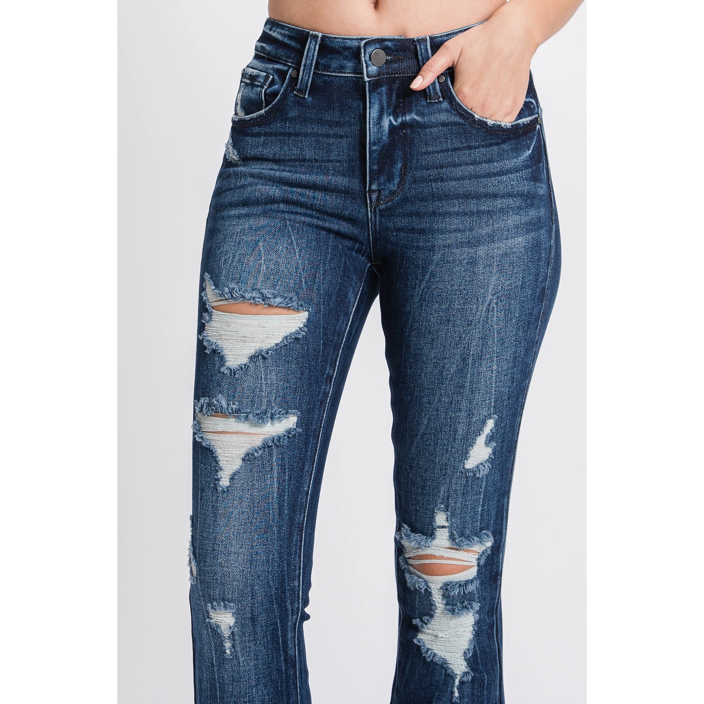 Tara Mid Rise Distressed Flare Slimming Jean