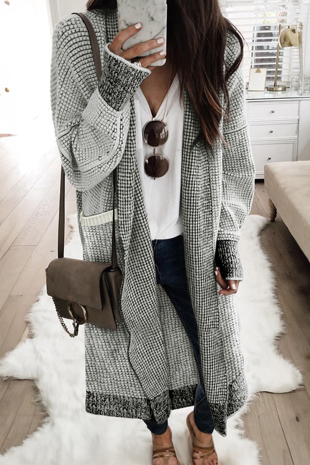 Gray Textured Knit Pocketed Duster Cardigan