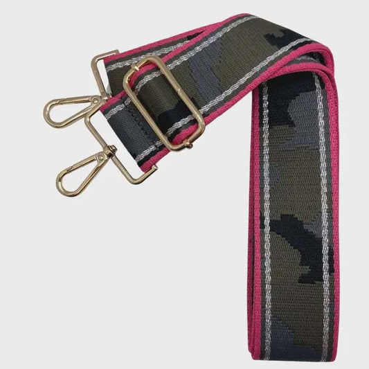 Capri Camo Strap with adjustable camouflage pattern and metal clips.