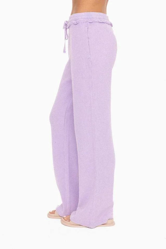 Monica Pants in lavender, mineral-washed cotton with waffle knit and drawcord waist.