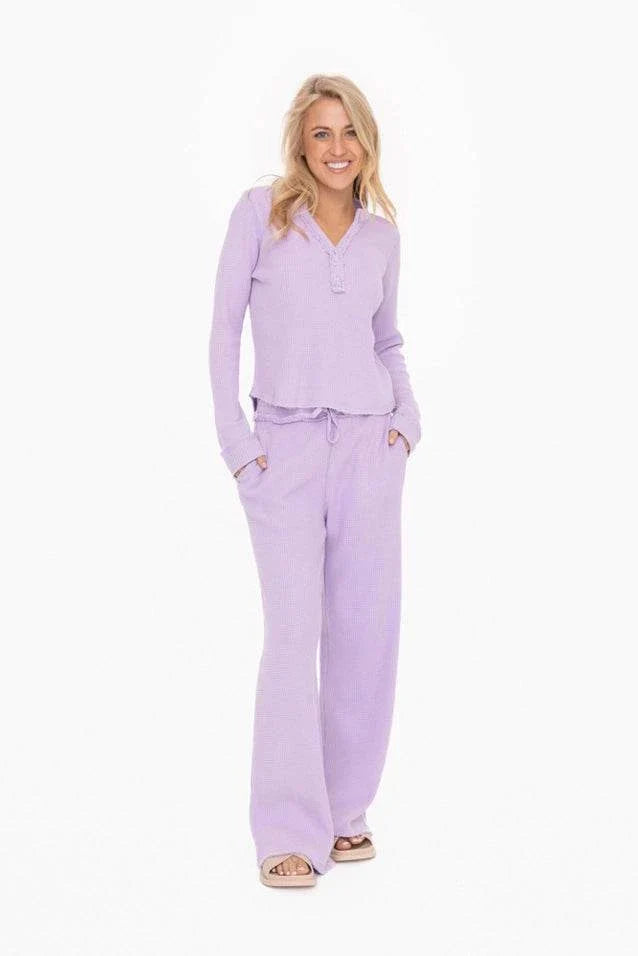 Monica Long Sleeve Top in lavender with waffle knit design and partial button placket, featuring a comfortable boxy fit.