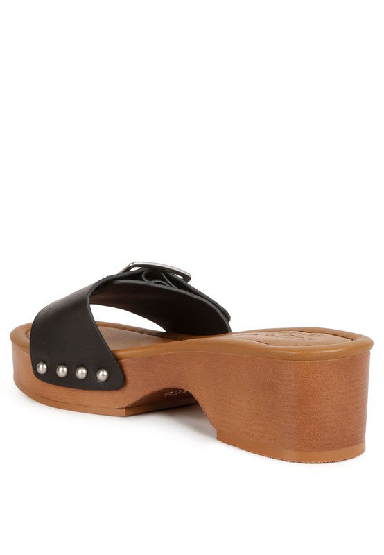Mindy Buckle Strap Leather Low Wedge Slip Ons