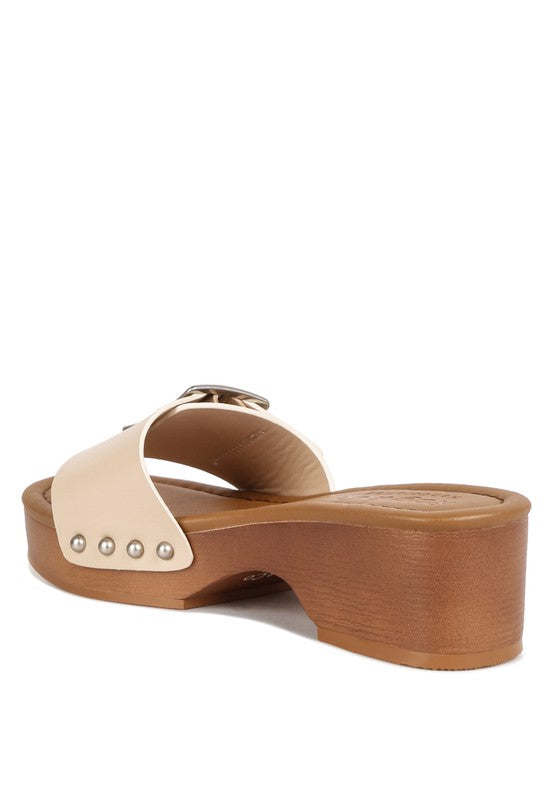 Mindy Buckle Strap Leather Low Wedge Slip Ons