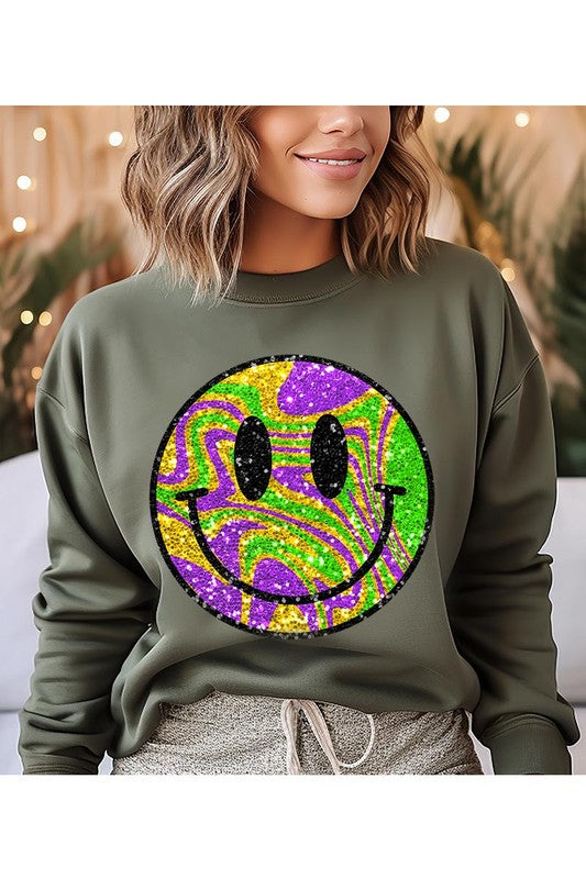 Mardi Gras Color Flow Smiley Face Fleece Sweatshirt