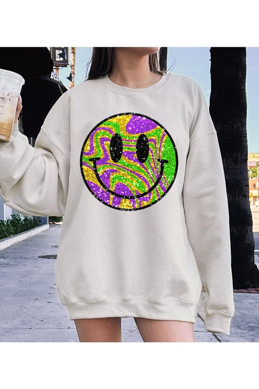 Mardi Gras Color Flow Smiley Face Fleece Sweatshirt
