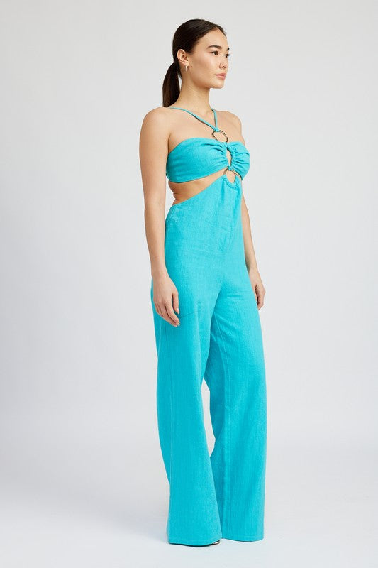 Turquoise Double O Ring Cut Out Jumpsuit