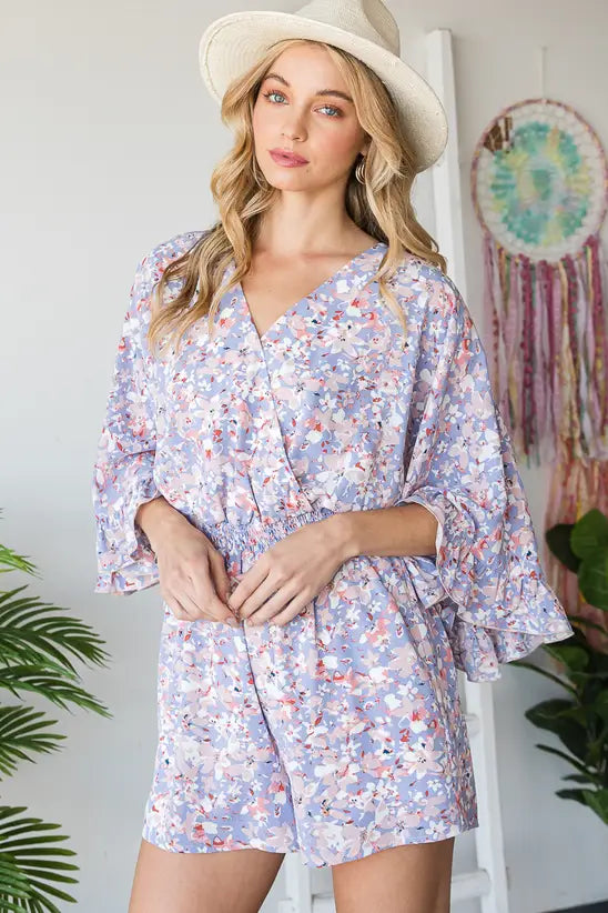 Watercolor Wrap Romper with Bell Sleeves