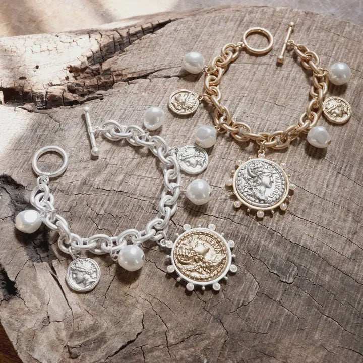 Boho Coin and Pearl Charms Statement Bracelet