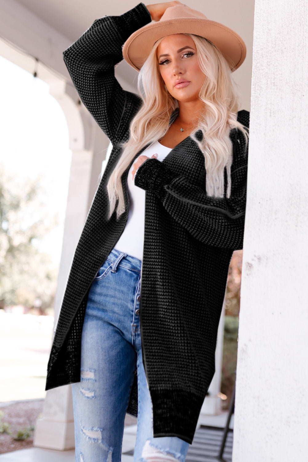 Plaid Knitted Long Open Front Cardigan