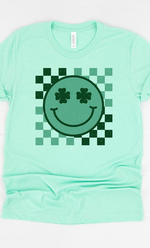Checkered Clover Smiley St Patricks Graphic Tee