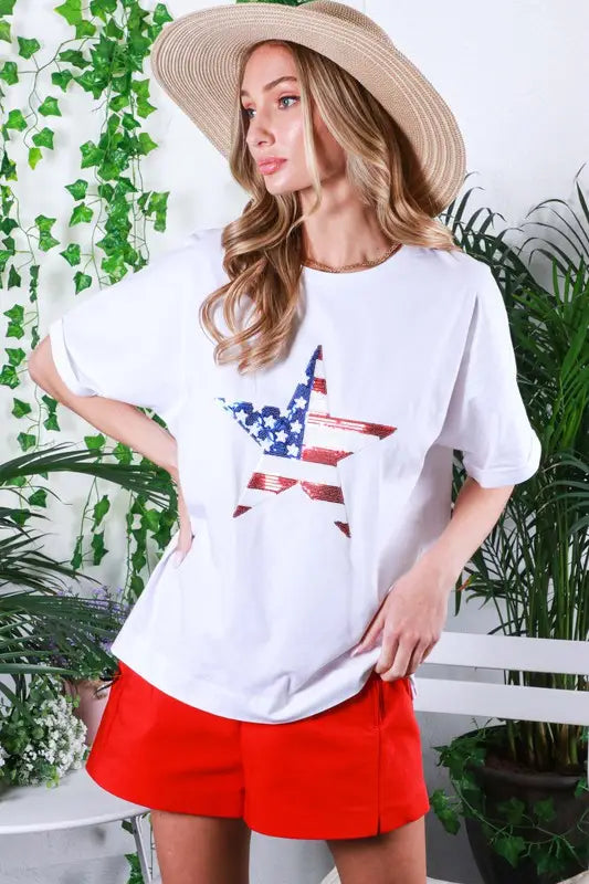 American Flag Sequin Star T-Shirt