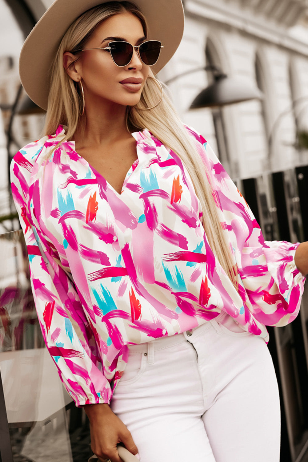 Pink Abstract Brush Print Loose Fit Blouse