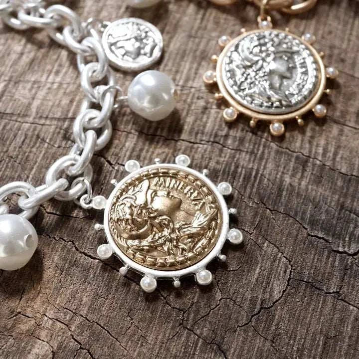 Boho Coin and Pearl Charms Statement Bracelet