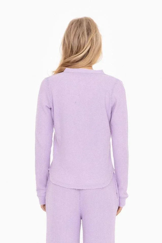 Monica Long Sleeve Top in lavender waffle knit, back view.