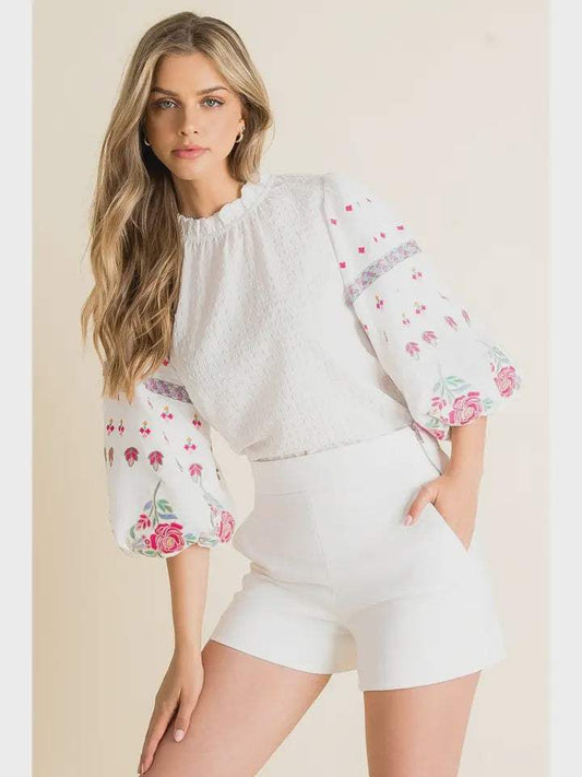 Rose Embroidered Puff Sleeve Shirt