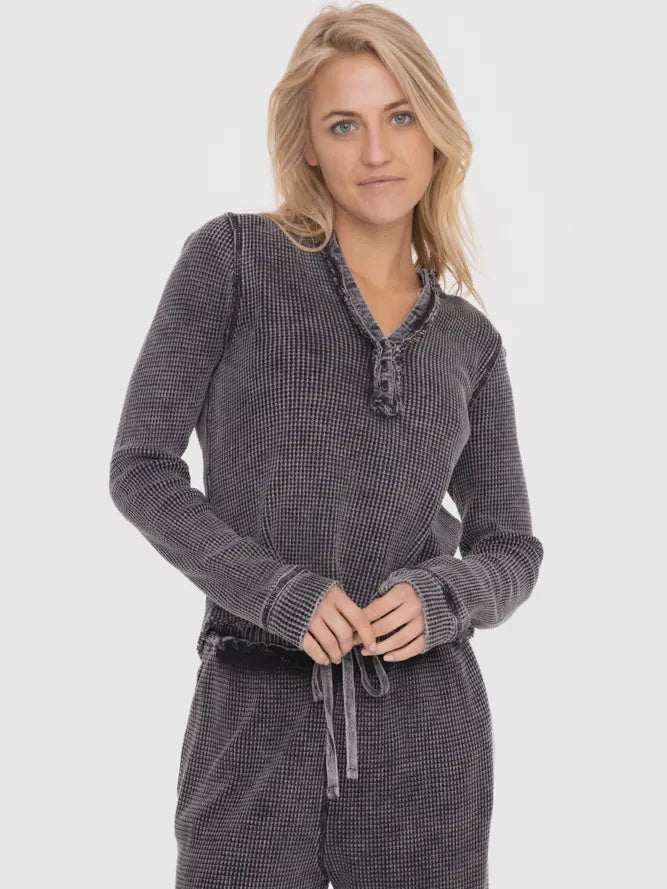 Monica Long Sleeve Top in mineral-washed waffle knit with partial button placket and boxy fit.