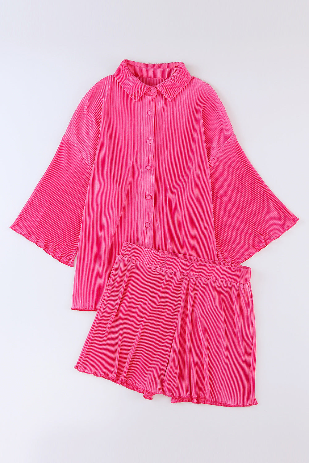 Rose 3/4 Sleeves Pleated Shirt and High Waist Shorts Lounge Set