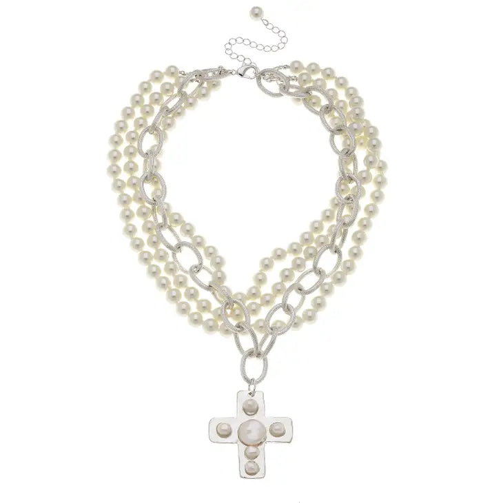 Multi Strand Cross Pearl Necklace