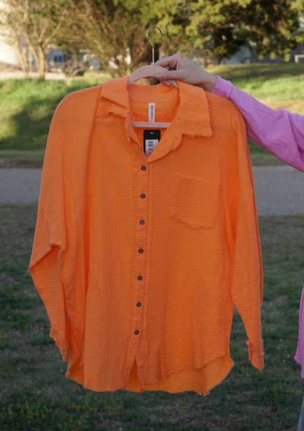 Light Orange - Button Down Linen Top