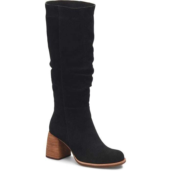 Abbott Boot in black suede with wooden block heel, high shaft, and stylish design.