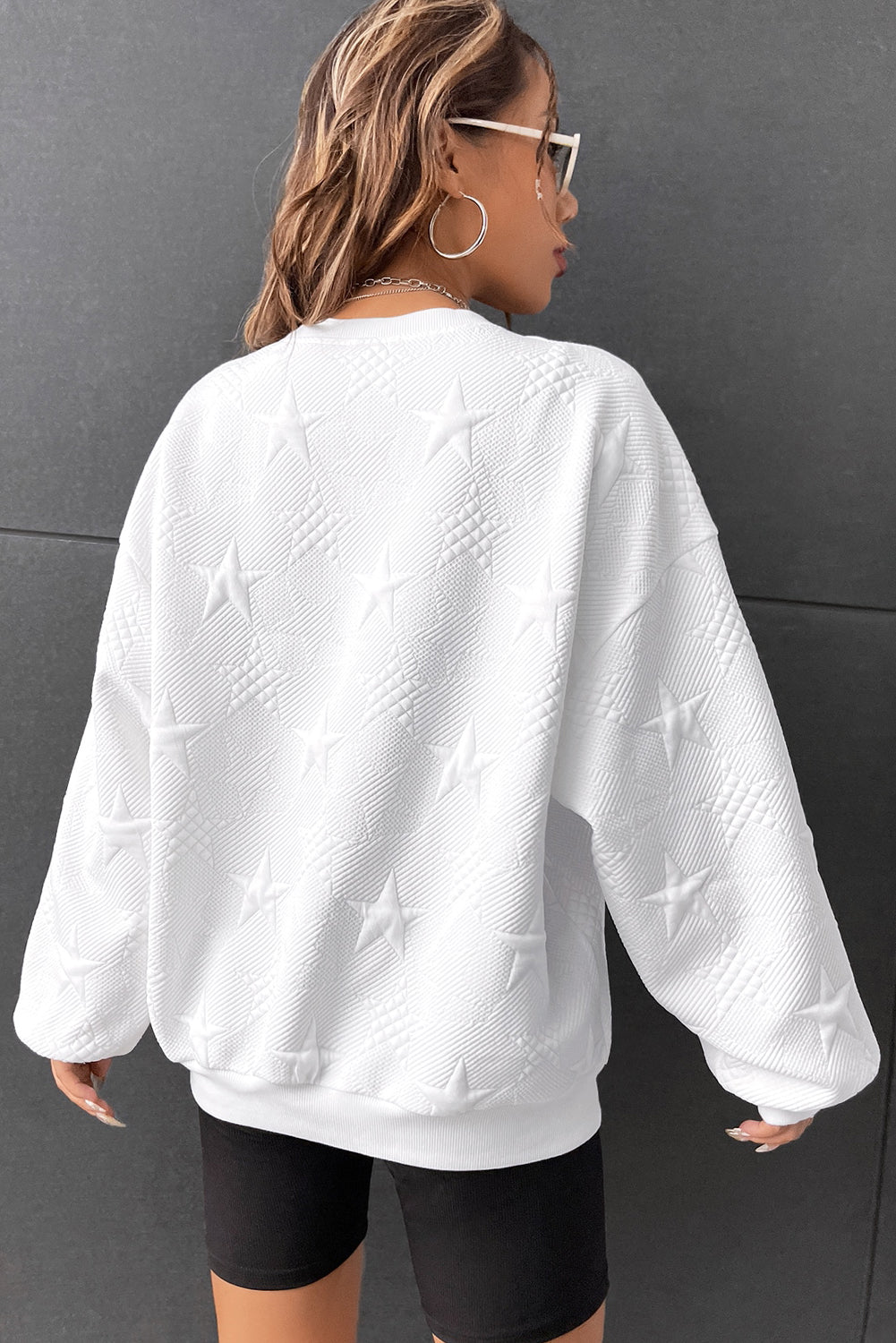 Star Embossed Textured Drop Shoulder Sweatshirt