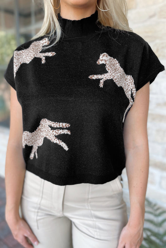 Black Lively Cheetah Pattern High Neck Short Sleeve Sweater