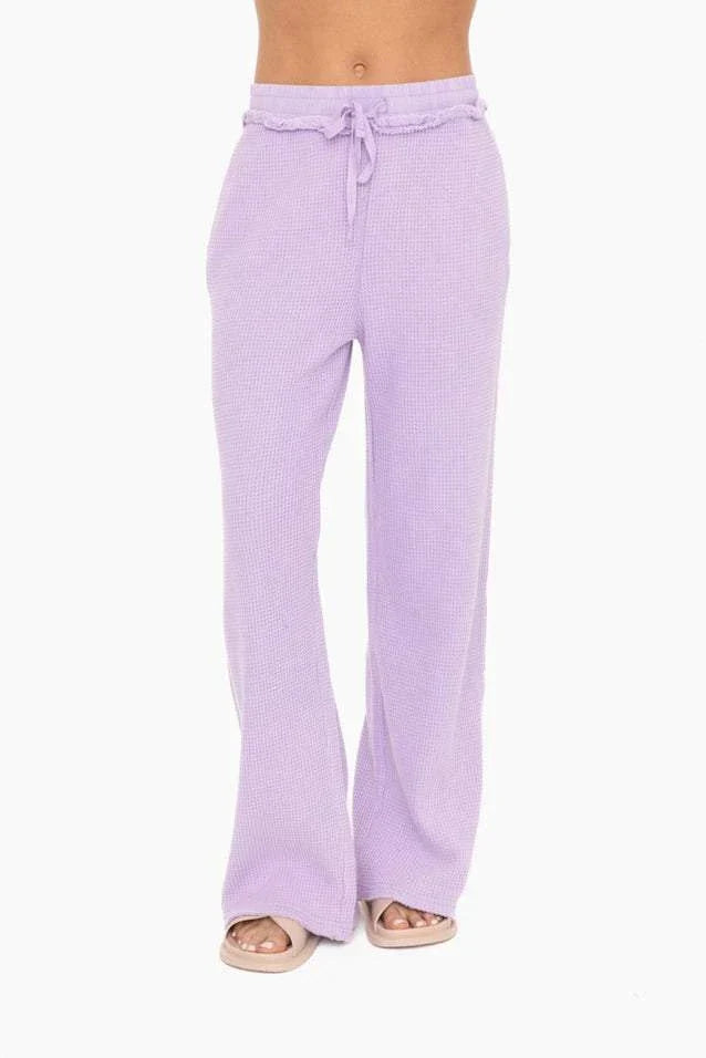 Monica Pants in lavender with drawcord waist and pockets, waffle knit design.