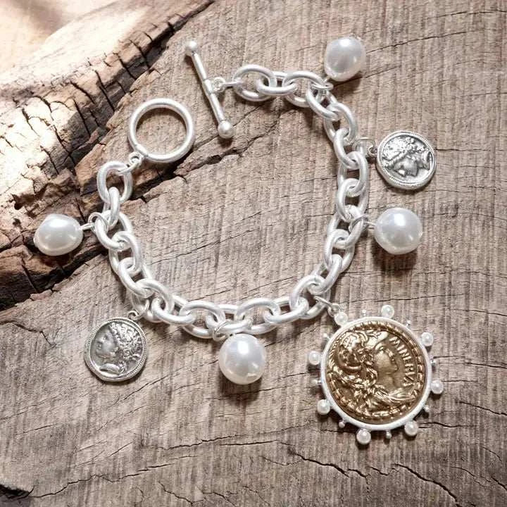 Boho Coin and Pearl Charms Statement Bracelet