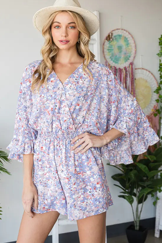 Watercolor Wrap Romper with Bell Sleeves