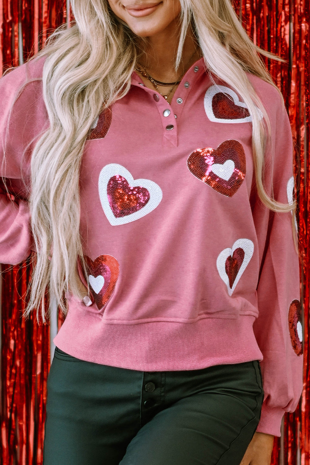 Pink Mineral Wash Sequin Heart Snap Buttons Collared Sweatshirt