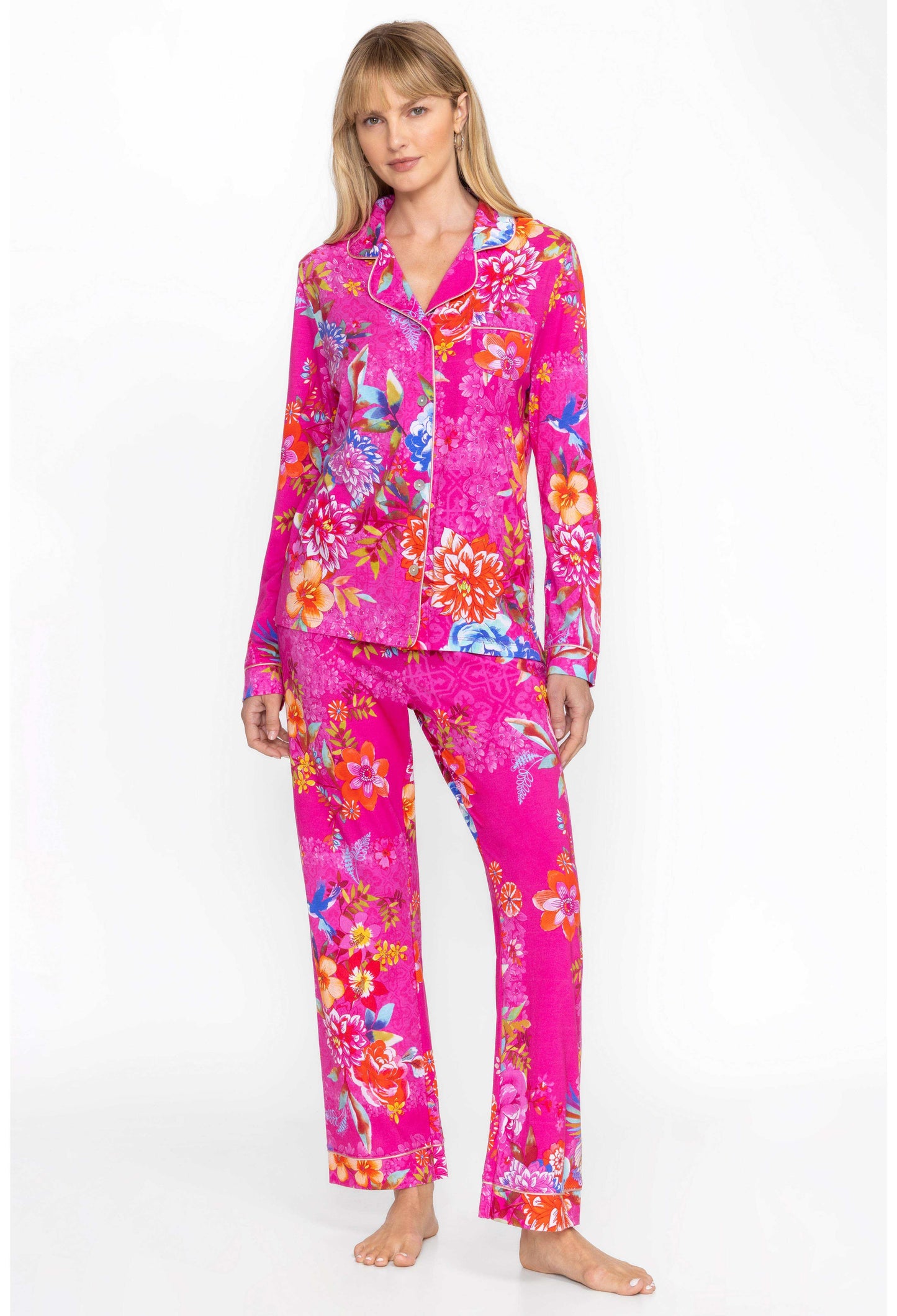 Bright floral Carly PJ Set with button front top and wide leg pants.