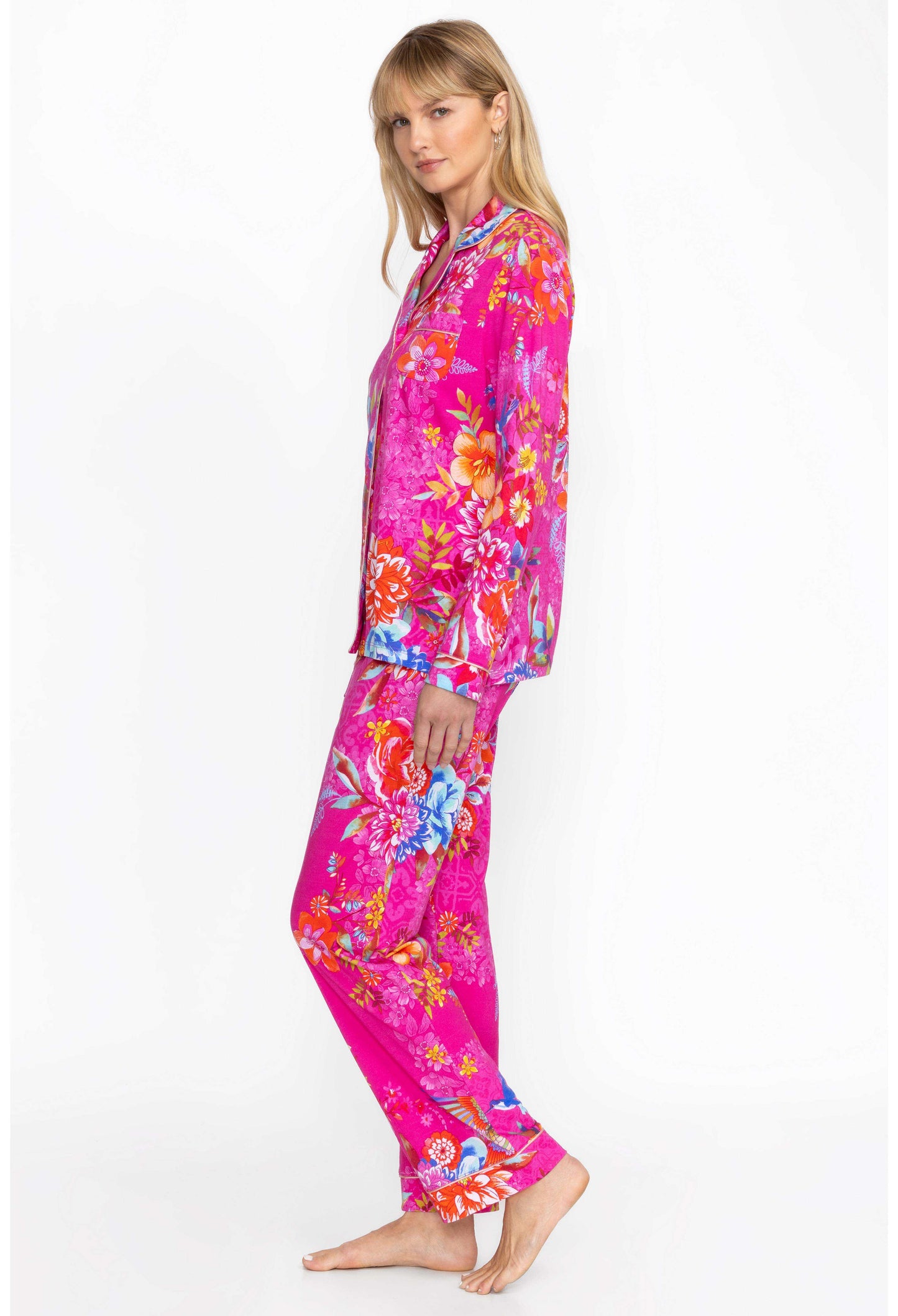 Floral Carly PJ Set with button front top and wide leg pants.