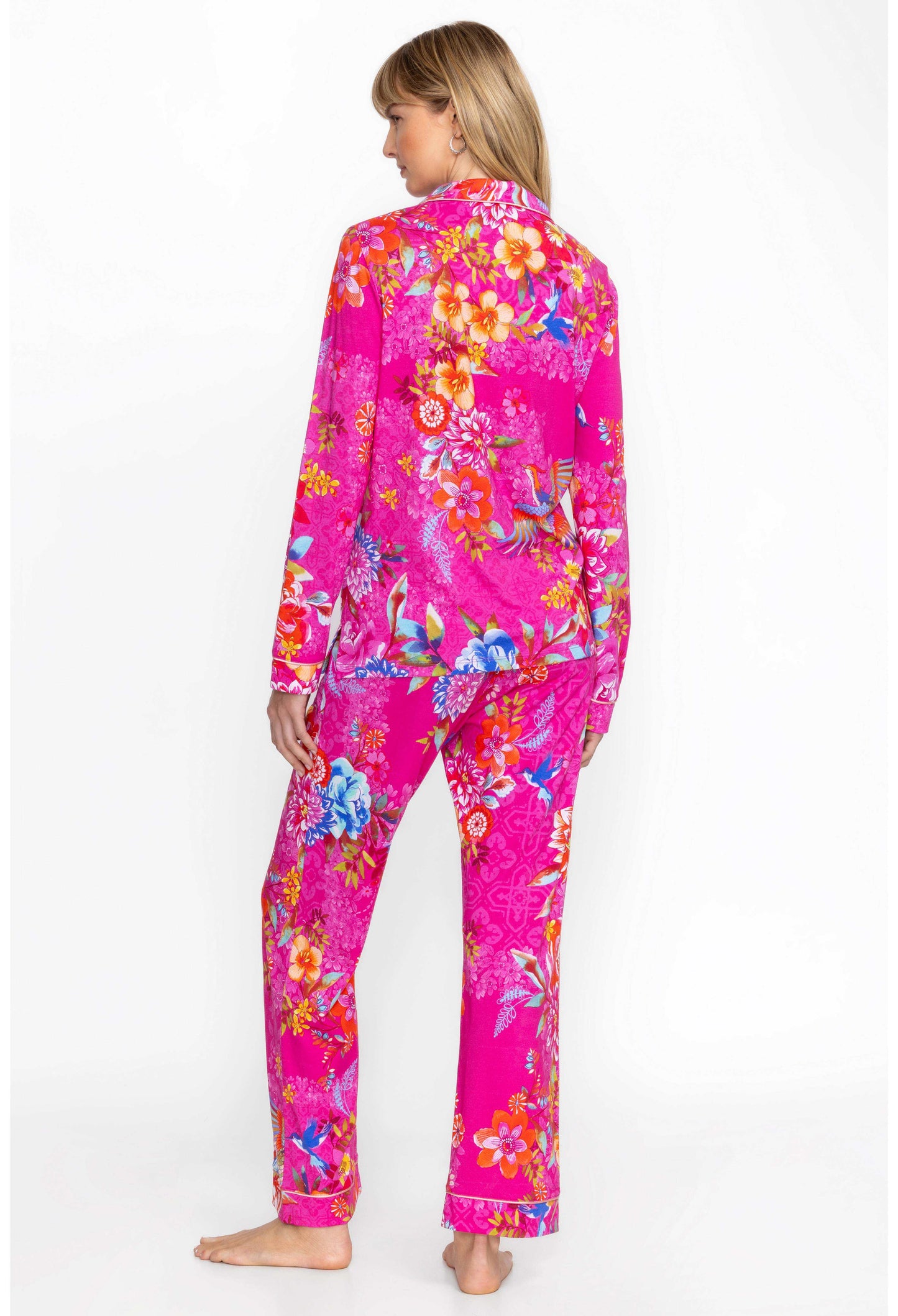 Luxurious Carly Pj Set with vibrant floral print, button front top, and elastic waist wide-leg pants.