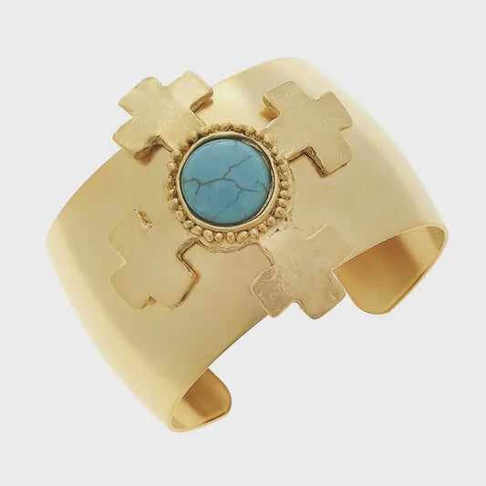Gold Cross With Genuine turquoise Cuff Bracelet